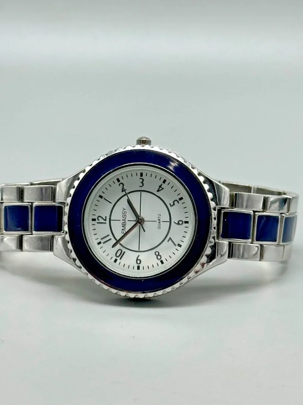 3/$30 Embassy Watch Women Silver Tone Blue Enamel Round White Dial 7